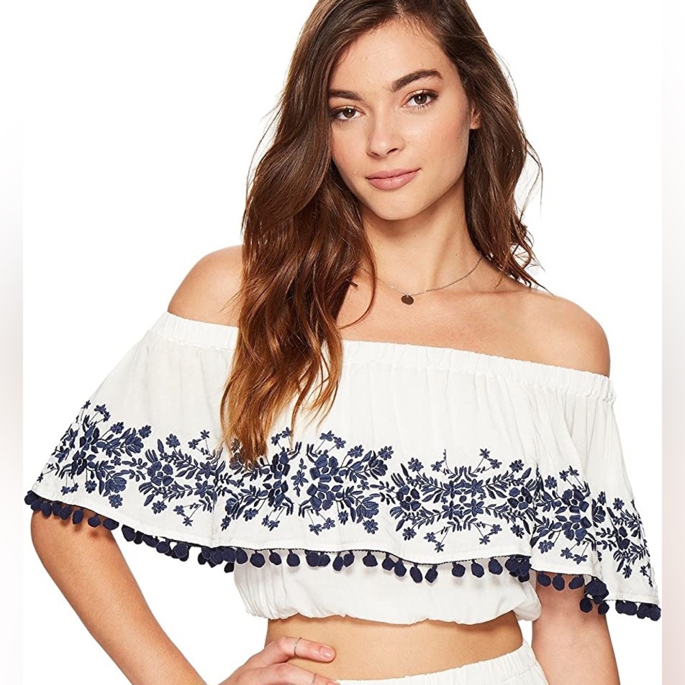 SHOW ME YOUR MUMU OFF SHOULDER POM POM CROP TOP